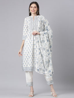 NEERU'S - Blue Printed Straight Kurta with Trouser and Dupatta (Set of 3)