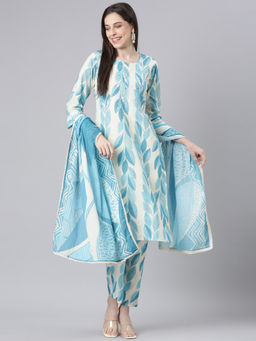 NEERU'S - Blue Printed Straight Kurta with Trouser and Dupatta (Set of 3)
