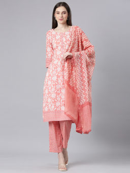 NEERU'S - Peach Printed Straight Kurta with Trouser and Dupatta (Set of 3)