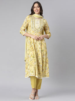 NEERU'S - Yellow Printed Anarkali Kurta with Trouser and Dupatta (Set of 3)