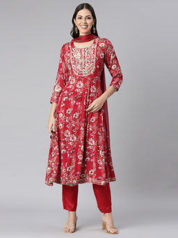 NEERU'S - Red Printed Anarkali Kurta with Trouser and Dupatta (Set of 3)