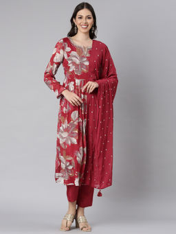 NEERU'S - Magenta Printed Anarkali Kurta with Trouser and Dupatta (Set of 3)