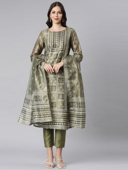 NEERU'S - Olive Printed Straight Kurta with Trouser and Dupatta (Set of 3)
