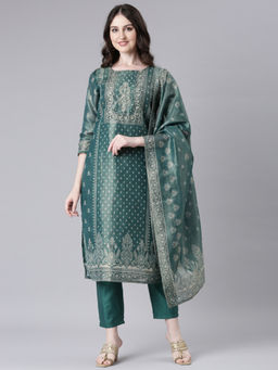 NEERU'S - Green Printed Straight Kurta with Trouser and Dupatta (Set of 3)