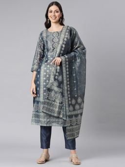 NEERU'S - Blue Printed Straight Kurta with Trouser and Dupatta (Set of 3)