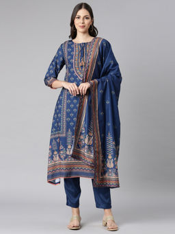 NEERU'S - Blue Printed Anarkali Kurta with Trouser and Dupatta (Set of 3)