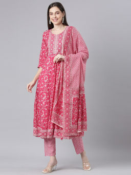 NEERU'S - Pink Printed Anarkali Kurta with Trouser and Dupatta (Set of 3)