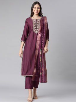NEERU'S - Purple Printed Straight Kurta with Trouser and Dupatta (Set of 3)