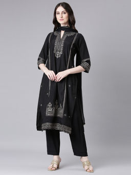 NEERU'S - Black Embroidered Straight Kurta with Trouser and Dupatta (Set of 3)