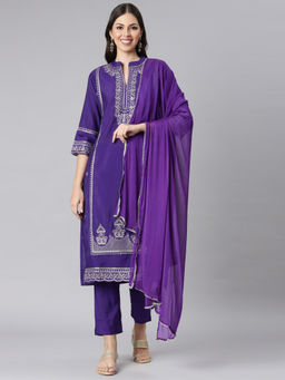 NEERU'S - Purple Embroidered Straight Kurta with Trouser and Dupatta (Set of 3)