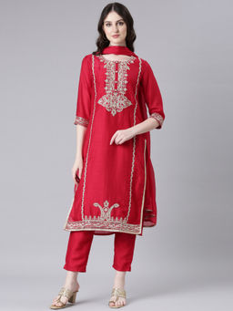 NEERU'S - Red Embroidered Straight Kurta with Trouser and Dupatta (Set of 3)