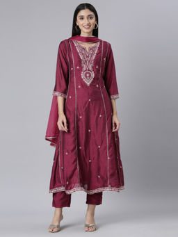 NEERU'S - Purple Embroidered Anarkali Kurta with Trouser and Dupatta (Set of 3)