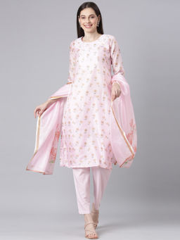 NEERU'S - Pink Printed Straight Kurta with Trouser and Dupatta (Set of 3)