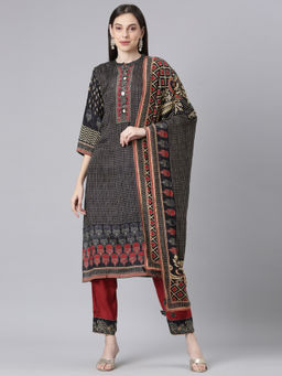 NEERU'S - Black Printed Straight Kurta with Trouser and Dupatta (Set of 3)