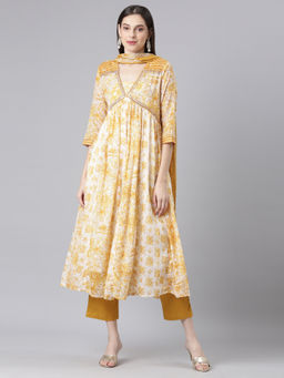 NEERU'S - Mustard Printed Anarkali Kurta & Pant with Dupatta (Set of 3)