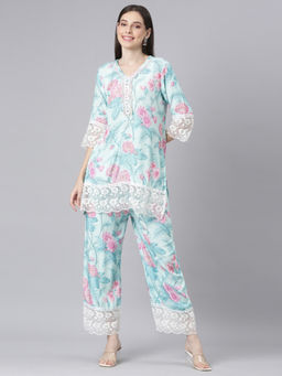 NEERU'S - Blue Printed Straight Kurti & Pant (Set of 2)