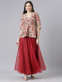 NEERU'S - Maroon Printed Straight Top and Skirt (Set of 2)
