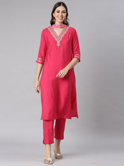 NEERU'S - Pink Embroidered Straight Kurta & Pant with Dupatta (Set of 3)