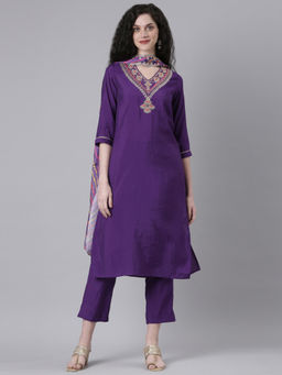 NEERU'S - Purple Embroidered Straight Kurta & Pant with Dupatta (Set of 3)