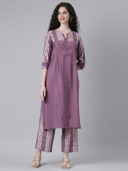 NEERU'S - Purple Printed Straight Kurta and Palazzos (Set of 2)