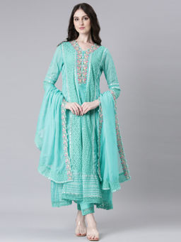 NEERU'S - Green Anarkali Kurta & Pant with Dupatta (Set of 3)