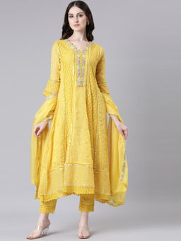 NEERU'S - Yellow Anarkali Kurta & Pant with Dupatta (Set of 3)