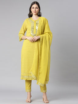 NEERU'S - Green Embroidered Straight Kurta & Pant with Dupatta (Set of 3)