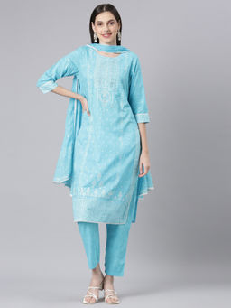 NEERU'S - Blue Printed Straight Kurta & Pant with Dupatta (Set of 3)