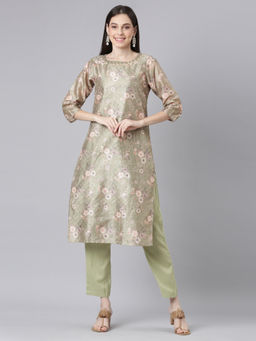 NEERU'S - Green Printed Straight Kurta & Pant (Set of 2)