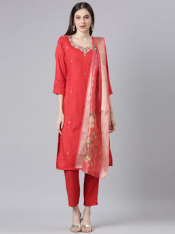 NEERU'S - Red Embroidered Straight Kurta & Pant with Dupatta (Set of 3)