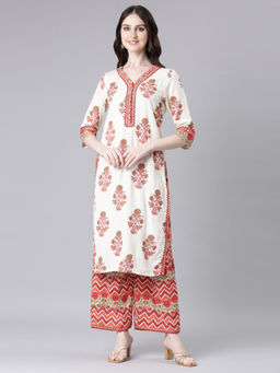NEERU'S - Cream Printed Straight Kurta and Palazzos (Set of 2)