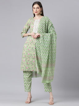 NEERU'S - Lime Green Printed Straight Kurta & Pant with Dupatta (Set of 3)