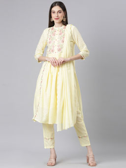 NEERU'S - Yellow Embroidered Straight Kurta & Pant with Dupatta (Set of 3)