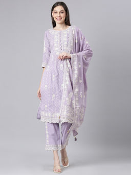 NEERU'S - Lavender Embroidered Straight Kurta & Pant with Dupatta (Set of 3)