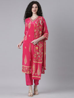 NEERU'S - Magenta Printed Straight Kurta & Pant with Dupatta (Set of 3)