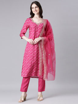 NEERU'S - Magenta Printed Straight Kurta & Pant with Dupatta (Set of 3)