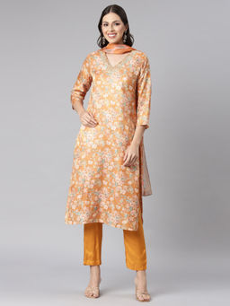 NEERU'S - Mustard Printed Straight Kurta & Pant with Dupatta (Set of 3)