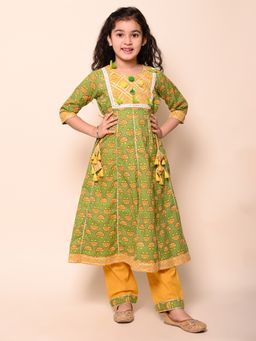 Lil Pitaara - Pure Cotton Long Kurti with Pants Green (Set of 2)