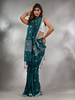 CHARUKRITI - Teal Cotton Handwoven Saree with Texture Pattern & Unstitched Blouse