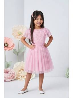 TINY GIRL - Half Sleeves Glitter Star Print Midi Dress - Pink