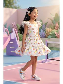 TINY GIRL - Barbie Cap Sleeves Hearts & Unicorn Printed Dress