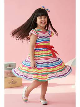 TINY GIRL - Barbie Half Sleeves Striped Tiered Dress With Belt