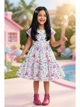 TINY GIRL - Barbie Cap Sleeves Vehicles Printed Lace Detailed Dress