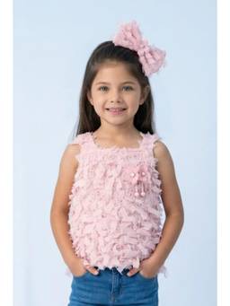 TINY GIRL - Fringe & Bow Details Textured Peach Sleeveless Top