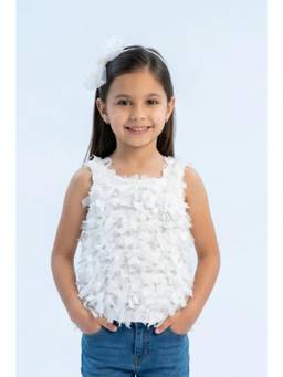 TINY GIRL - Fringe & Bow Details Textured White Sleeveless Top