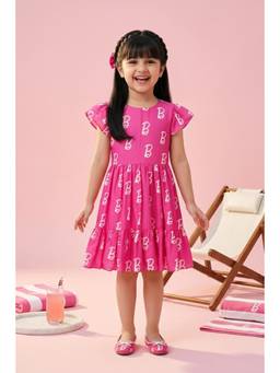 TINY GIRL - Barbie Printed Dress With Half Sleeves & Tiered Hem