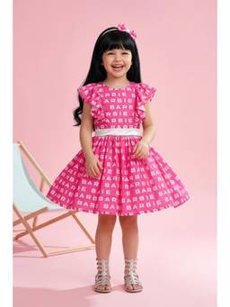 TINY GIRL - Barbie Logo Printed Pink Fit and Flare Dress