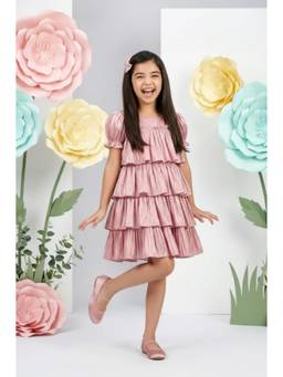 TINY GIRL - Puff Sleeves Solid Tripe Layered Dress- Onion Pink