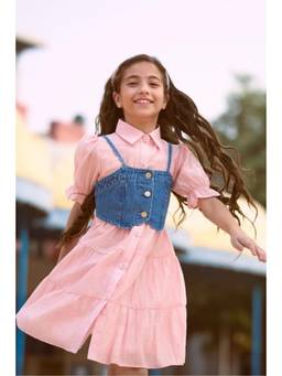 TINY GIRL - Puff Sleeves Solid Dress with Jacket- Peach