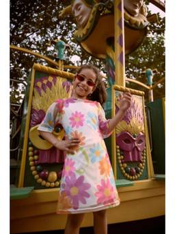 TINY GIRL - Floral Printed Flared Sleeves Dress with Inner- White